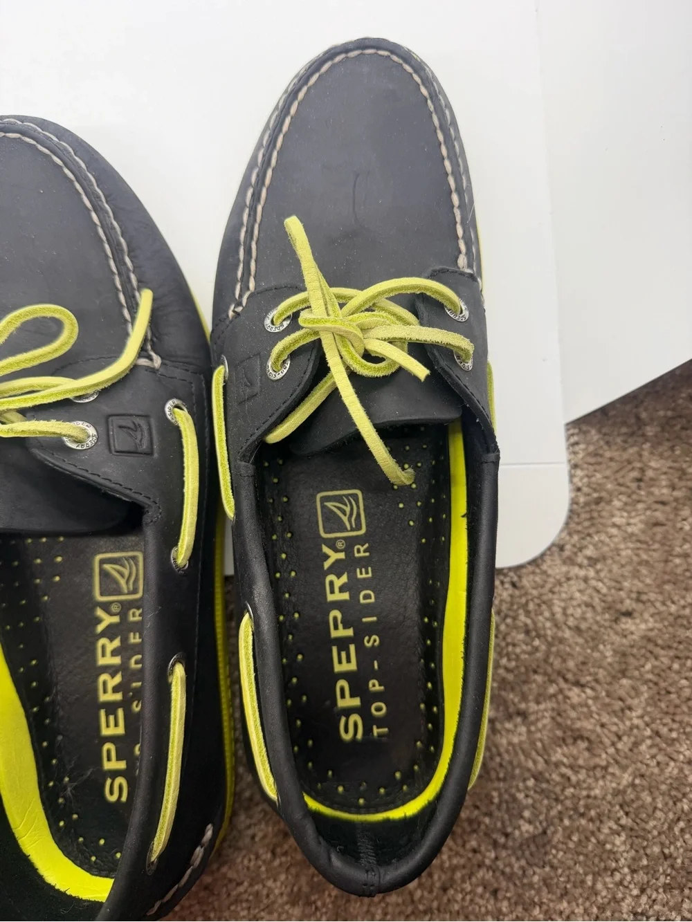 Sperry Men’s Black Boat Shoes with Neon Yellow Accents